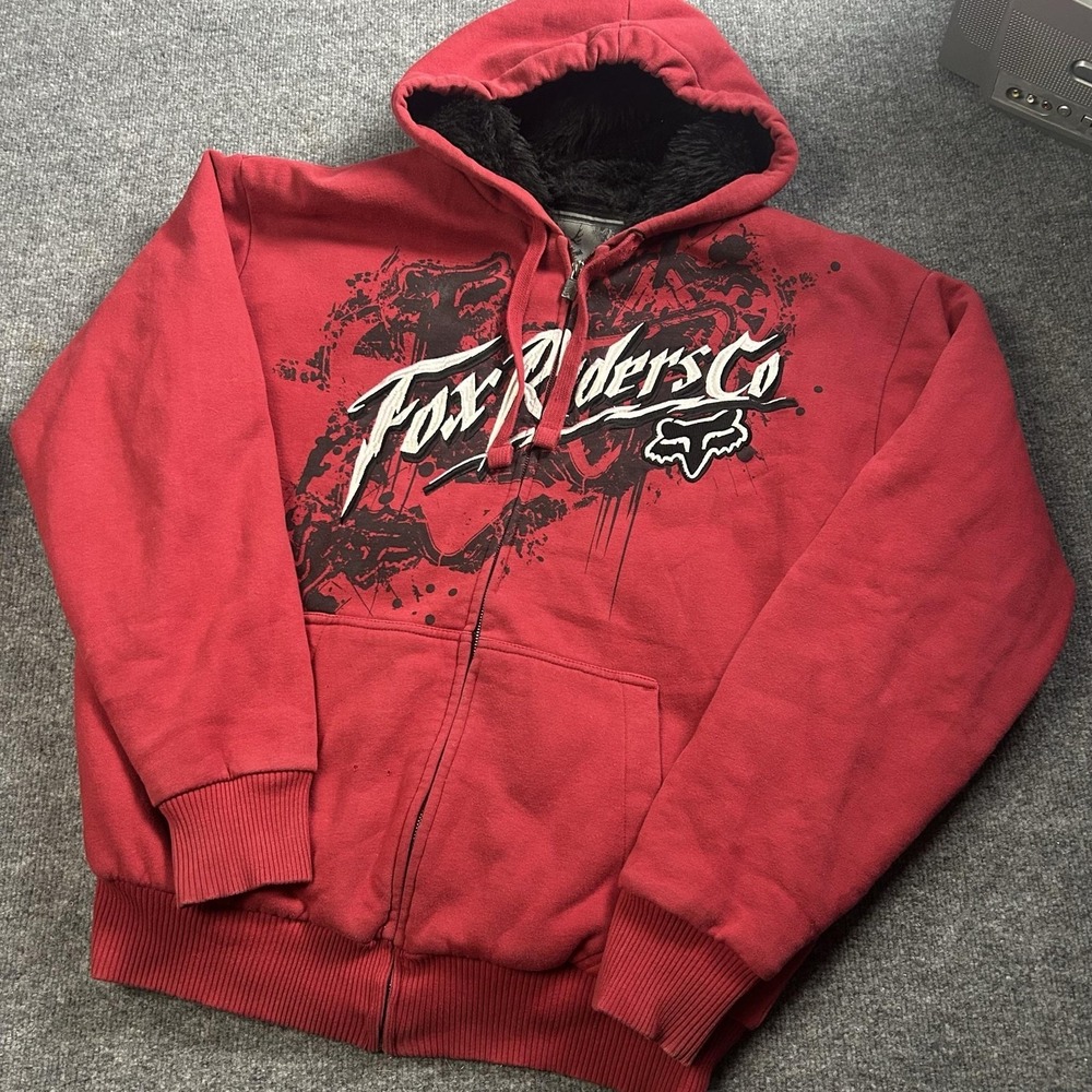 Fox Racing Sasquatch Hoodie Mens XL Red Faux Fur Lined Full Zip Fleece